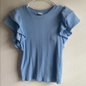 Zara Blue Ribbed Flutter Sleeve Tee